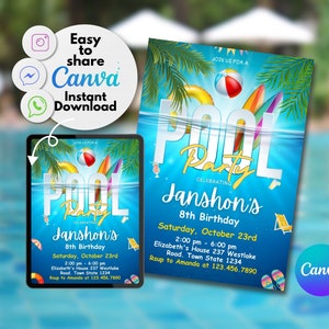 Könnte beinhalten: Eine blaue und weiße Poolparty-Einladung mit einer Grafik eines Pools, Palmen und eines Strandballs. Der Text lautet "Pool Party Celebrating Janshon's 8th Birthday" mit Datum und Uhrzeit der Party. RSVP-Informationen sind enthalten.