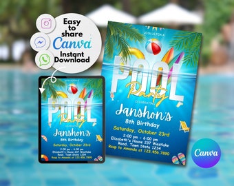 Bewerkbare uitnodiging zwembadfeest, zwemfeestje uitnodigen, zomerverjaardagsfeestje, uitnodiging zwembadfeest, elektronische uitnodiging, digitale uitnodiging
