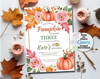 Pumpkin First Birthday Invitation, Floral Pink and Gold (Canva, Printable)