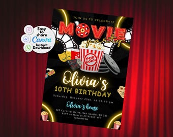 Editable Movie Birthday Invitation, Digital Kids Party Invite with CANVA, Printable Birthday Party Invitations, Movie Night, Sleepover
