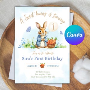 Invito per il primo compleanno di Peter Rabbit, coniglietto rustico, modello di invito modificabile, 1° compleanno, festa per ragazzi stampabile, download immediato, Canva