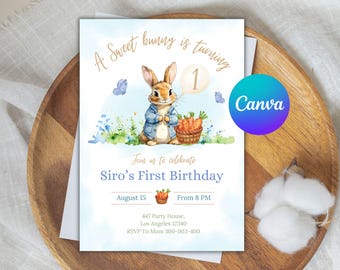 Peter Rabbit First Birthday Invitation, Rustic Editable Template (Canva, Digital Download)