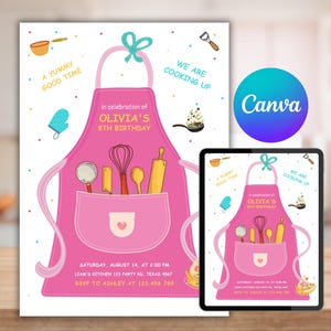 Puede incluir: Invitación de cumpleaños rosa y blanca con un delantal rosa de dibujos animados con utensilios de cocina en el bolsillo. El texto dice "A Yummy Good Time" y "We Are Cooking Up" en celebración del octavo cumpleaños de Olivia. La invitación incluye la fecha, la hora, la ubicación y la información de RSVP.