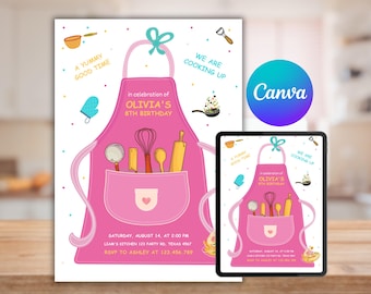 Printable Cooking Birthday Invitation, Pink Chef Apron, Editable Canva Template (Digital Download)