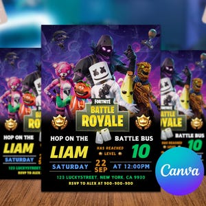 Convite de aniversário do jogo Fort Editável Convite de aniversário para download CANVA Modelo de festa de aniversário Cartão de aniversário de videogame Gamer Festa de jogador