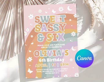 Bewerkbare Sweet Sassy Six verjaardagsuitnodiging, Groovy Daisy-thema (digitale download)