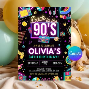 Retour aux années 90, faire-part d'anniversaire modifiable, faire-part numérique des années 90, invitation de message texte rétro, carte électronique, invitation d'anniversaire, téléchargement
