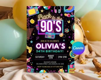 Bewerkbaar Terug naar de jaren 90 verjaardagsuitnodiging, jaren 90 digitale uitnodiging, sms-uitnodiging retro, e-card, verjaardagsuitnodiging, download