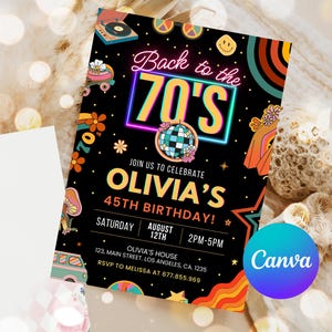 Editable 70s Birthday Party Invitation | Back to the 70s Disco Invite | Neon Glow Dance Party | Retro 70s Theme Birthday | Canva Download