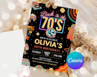 Bewerkbare uitnodiging voor verjaardagsfeestje jaren 70 | Disco-uitnodiging Back to the 70s | Neongloed dansfeest | Retro jaren 70 thema verjaardag | Canva downloaden