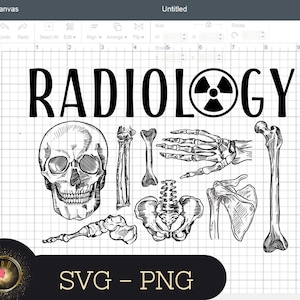 Könnte beinhalten: Schwarzweiß-Illustration eines Schädels, Knochen und eines Strahlungssymbols mit dem Wort "RADIOLOGY" in fetten schwarzen Buchstaben.