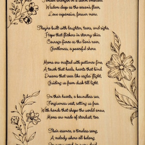Houten gravure Moederdag gedicht kaart met bloemen en 3D-frame