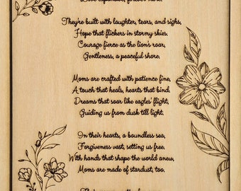 Wooden Engraving Mothers Day Poem card with flowers and 3d frame