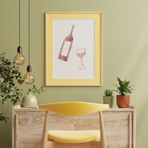 Elegante rode wijnfles en glasschildering | 18x24 digitale downloadposter | Perfect voor keuken- of bardecoratie
