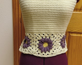 Cream Crochet Halter Top with Crisscross Back Lacing and Granny Squares