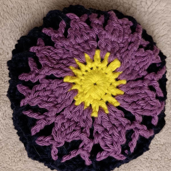 Handmade Navy with Purple Flower Crochet Reusable Folding Market Bag