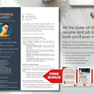 Może przedstawiać: Szablon CV w niebiesko-szarym schema kolorów. Szablon zawiera sekcje dotyczące edukacji, doświadczenia zawodowego, nagród i specjalizacji. Tekst "Wszystkie najnowocześniejsze narzędzia do tworzenia CV i poszukiwania pracy, których kiedykolwiek będziesz potrzebować!" jest wyświetlany dużą czcionką u góry strony. Tekst "DARMOWY BONUS" jest wyświetlany w czerwonym polu u dołu strony.