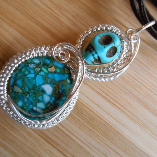 Silver Mosaic Turquoise Jasper Howlite Skull Pendant Bead Wire Wrapped in Parawire Wire Wrapped Jewelry Handmade