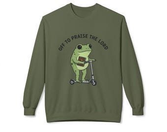 Praise the Lord Frog on Scooter Crewneck Sweatshirt | Christian Humor