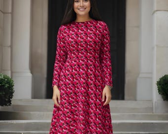 Red Berry Holiday Dress – Winter Bright Flowy Casual Dress Fall Long Sleeve Dress Midi Dress Winter Red Dress Berries Holiday Print Dress