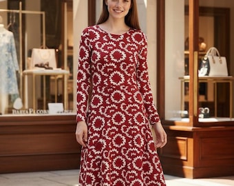 Maroon Red Trendy Dress – Fall Flowy Casual Dress Abstract Print Holiday Long Sleeve Winter Dress Red Midi Dress Winter Red Dress