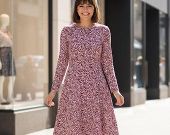 Maroon Red Floral Dress – Fall Flowy Casual Dress Abstract Print Holiday Long Sleeve Winter Dress Red Midi Dress Winter Red Dress