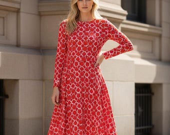 Fall Red Geometric Print Long Sleeve Flowy Dress – Fall Casual Dress Red Long Sleeve Skater Dress Red Midi Dress Winter Geometric Dress