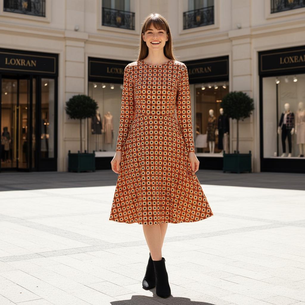 Orange and Black Retro-Inspired Floral Dress - Fall Flowy Casual Dress Orange Boho Long Sleeve Dress Winter Flower Midi Dress