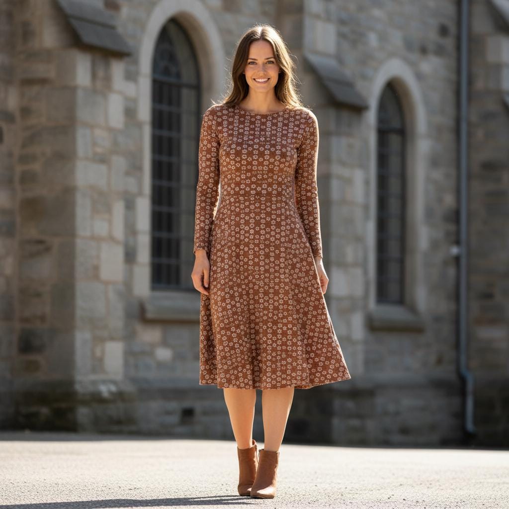 brown floral dress with sleeves Flowy Fall Do Not Bleach
