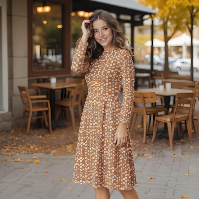 Brown Floral Flowy Fall Dress Boho Flowy Casual Dress Fall Long — free download