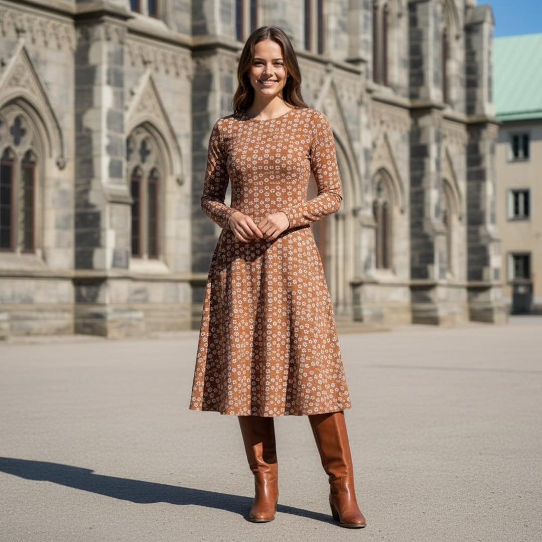 Brown Floral Flowy Fall Dress