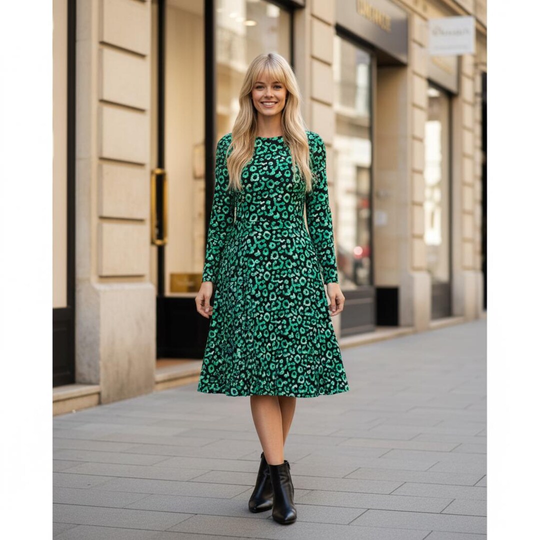 Green and Black Animal Print Fall Dress - Fall Print Casual Dress Fall Cheetah Long Sleeve Dress Midi Dress Winter Dress Leopard Print Dress