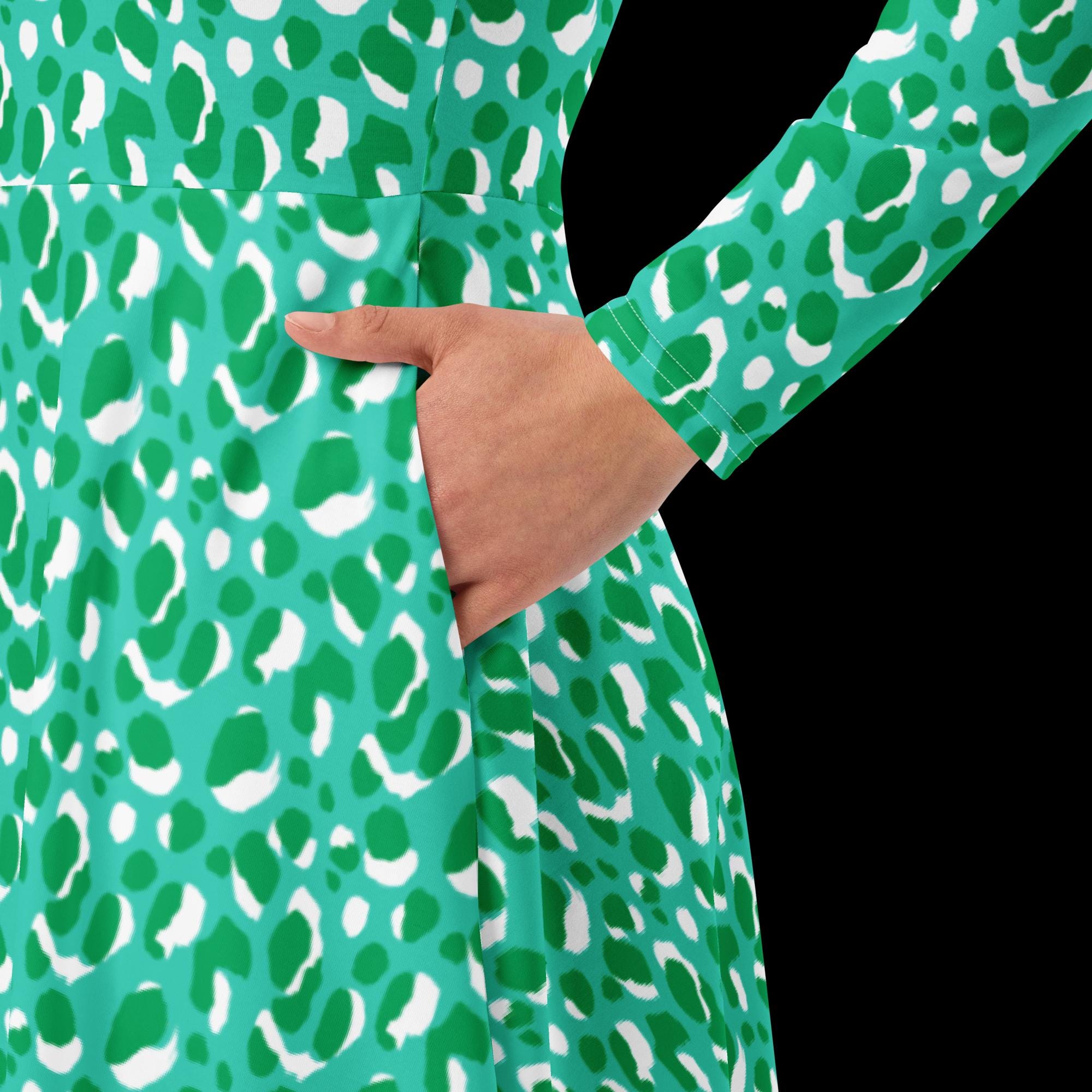 Green Animal Print Dress - Fall Flowy Casual Dress Leopard Print Fall Long Sleeve Dress Green Midi Dress Winter Cheetah Dress Abstract Print