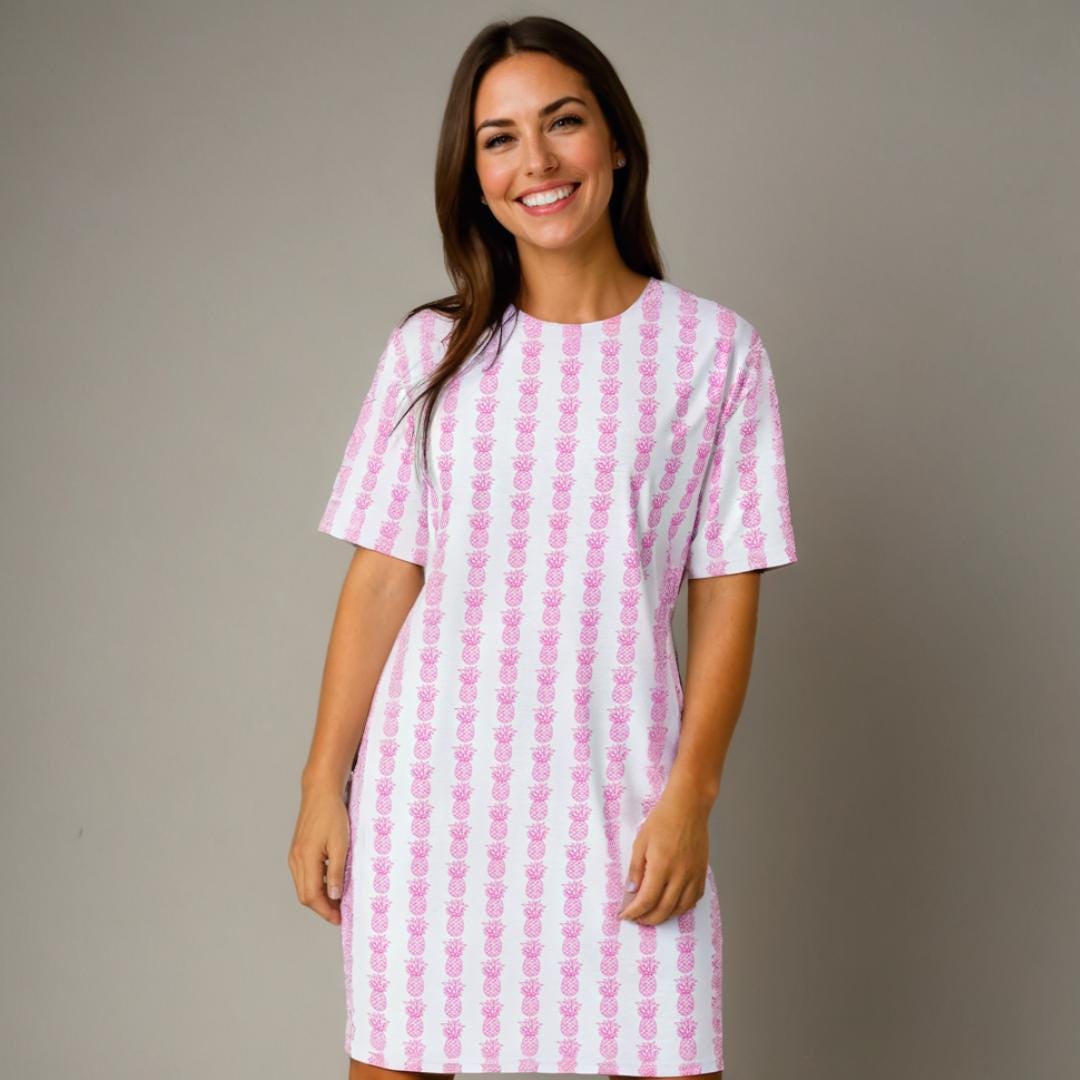 pink pineapple dress Pink Pineapple Midi Dress: Women's Cotton Fit & Flare Sundress with Pockets
