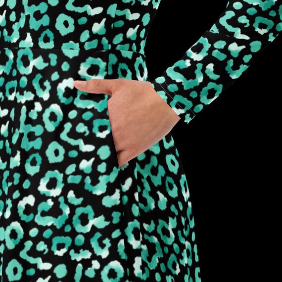 Green and Black Animal Print Fall Dress - Fall Print Casual Dress Fall Cheetah Long Sleeve Dress Midi Dress Winter Dress Leopard Print Dress