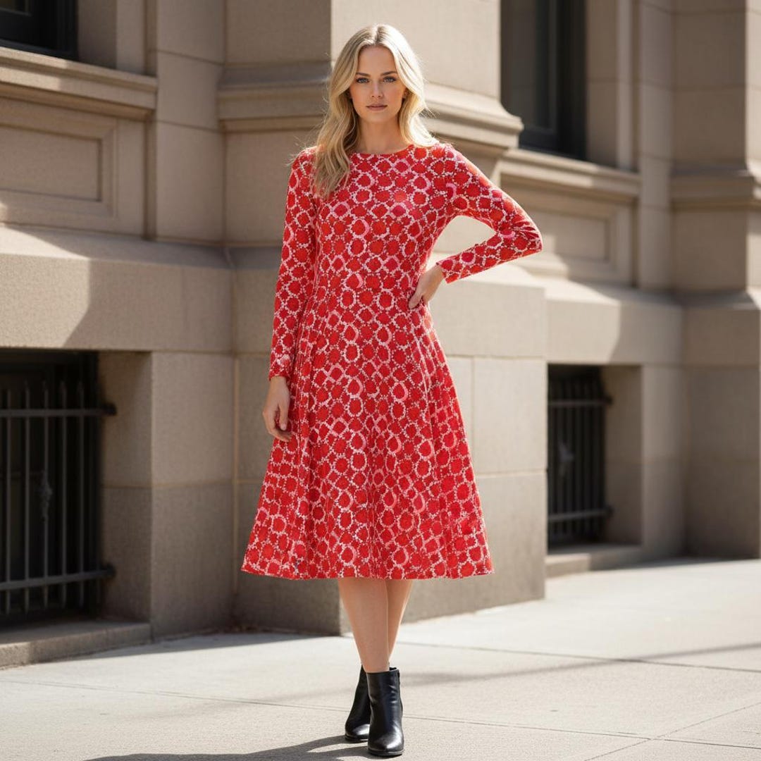 Fall Red Geometric Print Long Sleeve Flowy Dress