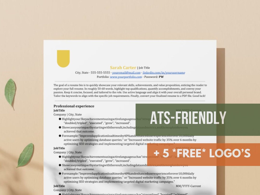 ATS Friendly Resume Template for Google Docs & Word W Portfolio Link ...