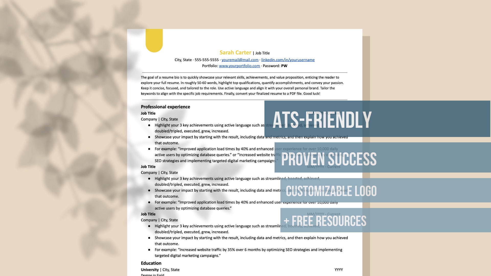 ATS Friendly Resume Template for Google Docs & Word W Portfolio Link ...
