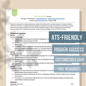 以下が含まれることがあります： 青、グレー、白のカラーテーマの履歴書テンプレート。このテンプレートは、ATS に対応し、実績があり、カスタマイズ可能で、無料のリソースが含まれています。テンプレートのテキストには、「ATS-Friendly」、「Proven Success」、「Customizable Logo」、「Free Resources」と記載されています。