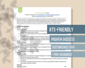 May include: A resume template with a blue, gray, and white color scheme. The template is designed to be ATS-friendly, proven to be successful, customizable, and includes free resources. The text on the template reads "ATS-Friendly", "Proven Success", "Customizable Logo", and "Free Resources".