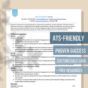 May include: A resume template with the text "ATS-FRIENDLY", "PROVEN SUCCESS", "CUSTOMIZABLE LOGO", and "FREE RESOURCES" in a blue, gray, and white color scheme.