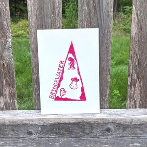 May include: Pink triangle-shaped print with the text "BRIDGEWATER" and illustrations of a ghost, a UFO, and a Bigfoot-like creature.