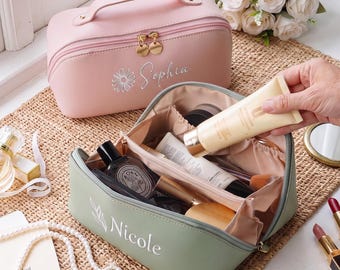 Personalized Leather Embroidered Makeup Bag, Custom Large Capacity Cosmetic Bag, Bridesmaid Gifts