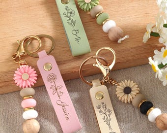 Handmade Daisy Beaded Keychain, Personalized Flower Charm Keychain With Name, Back to School or Friendship Gift