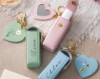 Personalized Lipstick Case Keychain with Mirror, Bridesmaid  Lip Balm Bag, Wedding Favors