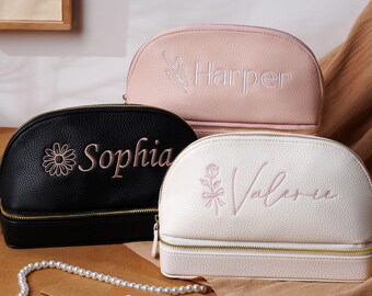Personalized Embroidered PU Leather Makeup Bag, Dual Compartment Toiletry Organizer