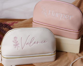 Personalized Embroidered Leather Makeup Bag, Double Layer Multi-functional Cosmetic Bag, Large Toiletry Organizer for Bride