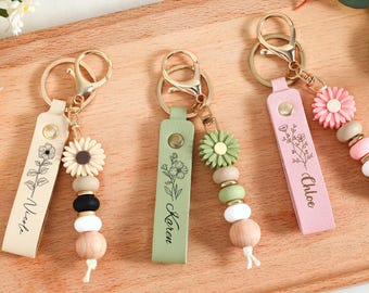 Personalized Daisy Beaded Keychain, Leather Flower Charm, Back to School or Friendship Gift