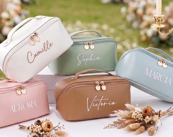 Personalized Leather Embroidered Makeup Bag, Large Cosmetic Bag, Bridesmaid Gift