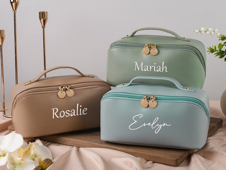 Personalized Leather Embroidered Makeup Bag, Custom Large Capacity